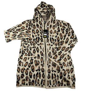 Kempson Womens M Cheetah Print Hooded Long Sleeve Sweater Cardigan NWT